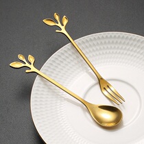 Leaf dessert fork spoon creative coffee spoon household fruit fork ice cream spoon 304 stainless steel small spoon Fork
