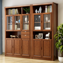 Modern Chinese solid wood bookcase Household bookcase combination two doors three doors five doors with glass door Office large bookcase