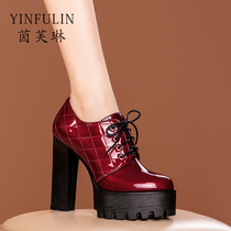 Leather deep mouth super high heels waterproof Taiwan female 2021 spring new patent leather lace-up thick bottom round thick heel single shoes