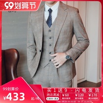 Plaid suit mens suit Korean slim casual suit three-piece groom wedding dress dress dress handsome trend