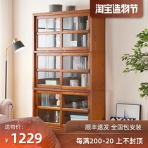 American solid wood bookcase with door Glass door Living room display storage cabinet Combination push-pull bookcase Floor-to-ceiling integrated wall