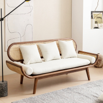 Black walnut rattan sofa Nordic Japanese modern minimalist solid wood single seat double seat fabric furniture cotton linen