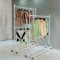Clothing store display rack floor-standing double-layer pole coat rack movable lifting clothes clothes pants hanger pulley