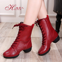 Red Liren new leather square dance shoes women autumn and winter adult dance shoes soft bottom middle heel sailor dance boots