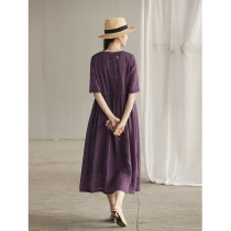 Ruya original design embroidered ramie dress Womens cheongsam summer short-sleeved literary retro long skirt beautiful dream