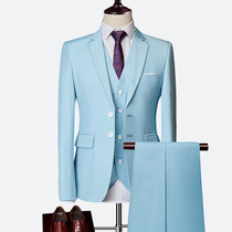 Light blue Korean version of the double buckle suit suit male groom host emcee dress slim large size wedding suit tide