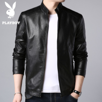 Playboy mens leather clothes 2021 new autumn casual leather jacket motorcycle jacket mens spring and autumn thin stand-up collar