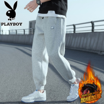 Playboy plus velvet pants mens winter thick sweatpants bunched feet gray pants mens casual pants autumn and winter