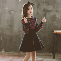 Korean girl dress autumn spring dress big boy suit 2021 new foreign style strap dress Princess dress two piece set