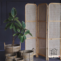 ins rattan furniture mobile folding screen solid wood new Chinese living room bedroom partition wall hollow porch Zen