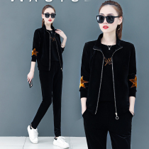 2021 spring new gold velvet sports suit womens three sets of spring and autumn clothes jacket casual sportswear suit women