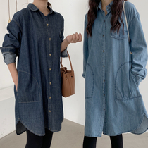 Fashion outside wear sunscreen top autumn pregnant denim shirt long denim shirt large size womens belly long sleeve winter winter