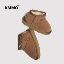 KMMO leather childrens snow boots baby girls short boots boys cotton shoes children plus velvet warm wool waterproof