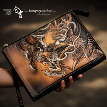  Kurayoshi handmade envelope bag mens and womens leather carved briefcase zipper bag clutch retro Chinese style clutch bag
