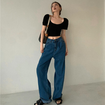 Jeans womens thin summer retro high waist thin wide leg pants Dark blue mopping pants straight loose daddy pants