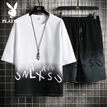 Playboy short-sleeved T-shirt mens suit summer gradient color base shirt Tide brand trend half sleeve ice silk clothes