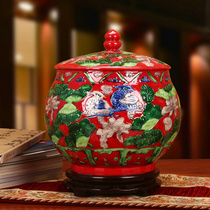 Jingdezhen ceramics Antique carved red Mandarin duck ornament Storage jar Rice jar Melon seed jar wedding gift