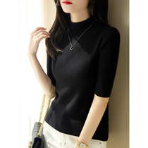 Spring 2022 new middle sleeve undershirt woman blouse half height round collar knit cardiovert 50% sleeves black sweater thin