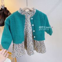 Girl autumn two-piece foreign flower plus velvet dress set 2021 New knitted cardigan childrens dress