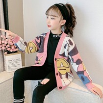 Girls sweater cardigan coat spring and autumn clothes 2021 new foreign style Korean version of loose big childrens girl sweater