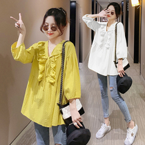 Pregnant womens spring and autumn fashion hot mom V-neck autumn doll shirt long belly pregnant mother loose coat women