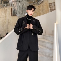 Spring and autumn hair stylist personality loose black suit jacket mens iron ring decoration ins temperament Joker small suit men