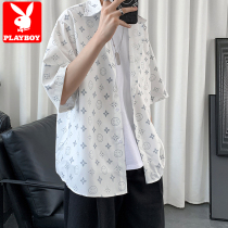 Playboy short-sleeved shirt mens summer ice silk thin section loose Japanese port style Ruffian handsome tide brand half-sleeve shirt