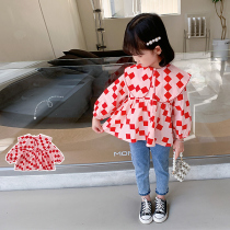 Girl Plaid Shirt 2022 New Spring Autumn Clothing Childrens Tennis Red Ocean Blouse Women Bao Han Version Dolls Collar Lining Clothes