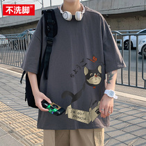 Fat Japanese cartoon pure cotton short-sleeved mens t-shirt extra large loose top Korean version of the tide brand summer handsome half sleeve