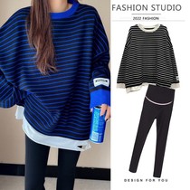 Pregnancy Woman Dress Autumn Clothing Suit New Autumn winter mid-length loose long sleeves striped knit sweaters fake two blouses