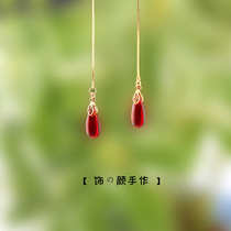 Handmade Retro Style Ear Decoration Hanfu Accessories Red Water Drop Glazed Earline Woman Temperament Pure Silver Brief About Long earbuke