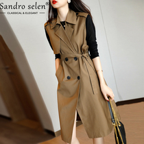 Sandro selen British style small man long windbreaker female outer tie collar sleeveless vest jacket female