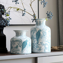 Parrot flower pattern blue and white porcelain vase ceramic National Wind new Chinese water living room flower arrangement flower arrangement decoration ornaments