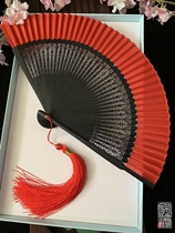 Chinese style carved ancient style big red summer folding fan folding fan red and black silk solid color dance fan hollow