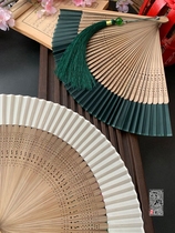 7-inch silk blank simple solid color folding fan ancient wind bamboo fan Hanfu portable male lady dancing dance fan Green