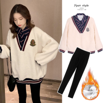 Pregnant women autumn suit two-piece fashion women autumn and winter New Korean fashion Lamb hair plus velvet sweater