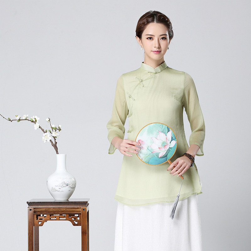 Tang dress Republic of China style womens tea dress fairy young Chinese style retro Chinese sloping plate buckle cheongsam top 620