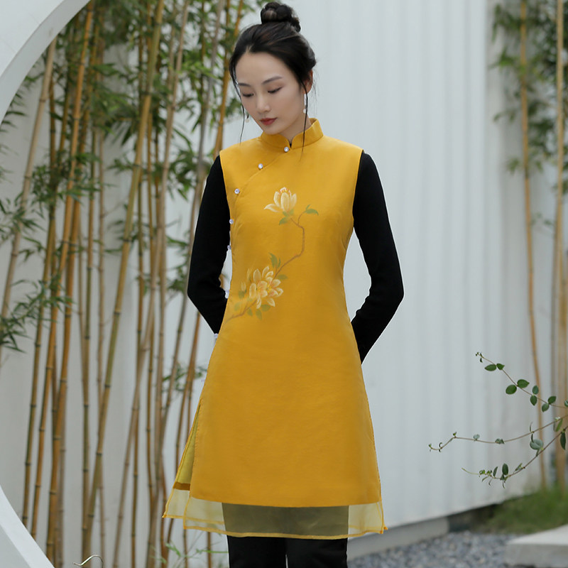 Tang dress Chinese-style vest cheongsam vest New Years wear Chinese wind girl improved autumn and winter dress plus cotton retro top 687