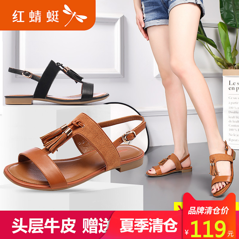 Red Dragonfly Women's Sandals Summer New Leather Liuzhou Women's Shoes Low-heel Fashionable Comfortable Bull Tendon Bottom Women's Sandals