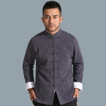 Minni also autumn Tang suit mens long sleeve coat middle-aged and elderly hemp white cuff long sleeve Chinese style mens coarse cloth coat
