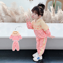 Girls sports set 2021 new spring and autumn childrens foreign style hooded two-piece children Net red female baby autumn clothes