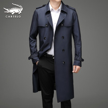 Crocodile long windbreaker men 2021 spring and autumn dress young and middle-aged suit collar knee jacket business casual straight jacket
