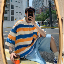 Striped t-shirt mens fashion personality wild ins Hong Kong fashion brand POLO shirt short-sleeved summer new half-sleeve t-shirt