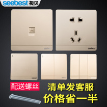 Vision shell large panel wall switch household five-hole socket wall open two three plug 86 type concealed 5 hole champagne gold