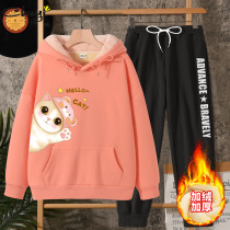 Plus velvet padded sports suit female winter middle school students Leisure 2021 explosive two-piece sweatshirt hooded sportswear