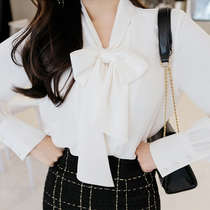 2021 autumn new white chiffon shirt bow ribbon design sense niche blouse blouse women temperament shirt