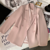 2022 Spring new pink suit collar jacket woman double row buttoned with body type commuter pure color system long sleeve blouse