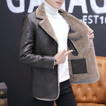 Leather and wool mens coat autumn soft leather men plus velvet padded leather suit handsome lapel neck sheep cut leather jacket