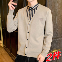 Spring and autumn 2021 Mens fake two knitted cardigan fashion shirt collar jacket mens sweater Tide brand line clothes