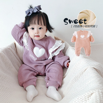  Korean version of childrens clothing female baby autumn and winter clothes lace love one-piece baby plus velvet thickened warm romper out clothes
